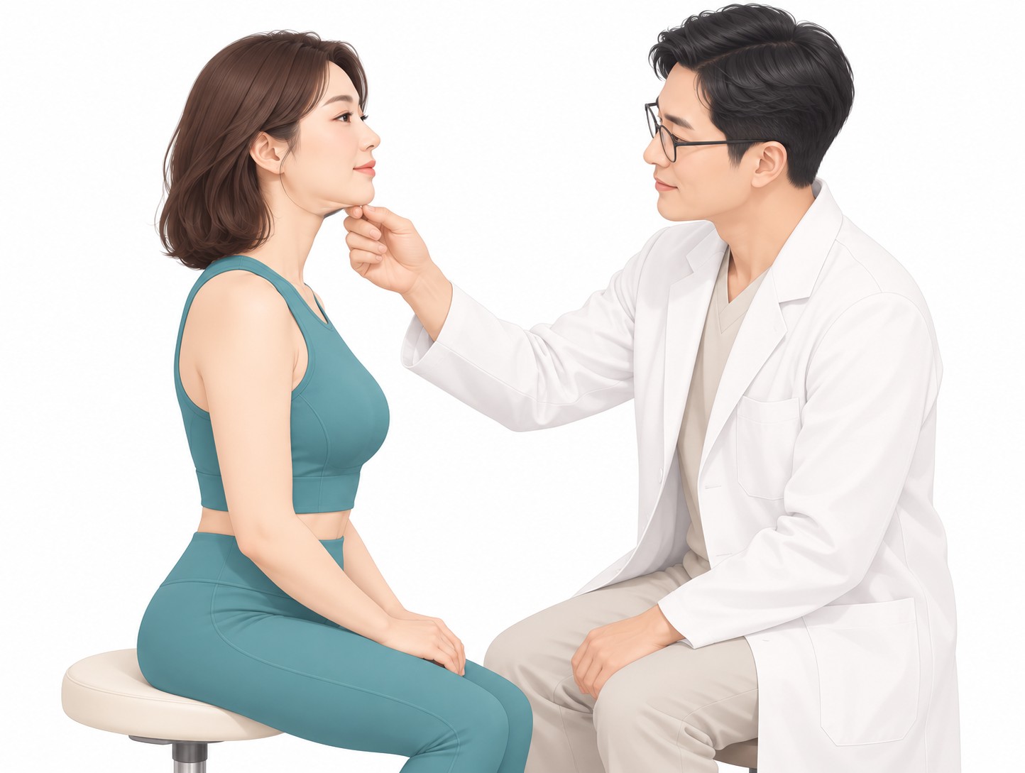 턱밑 지방을 꼬집어 확인하는 상담 장면