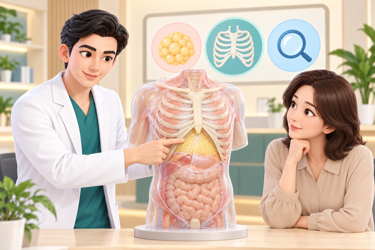 갈비뼈 아치 사이 오목한 상복부와 섬유조직이 많은 지방층을 설명하는 장면