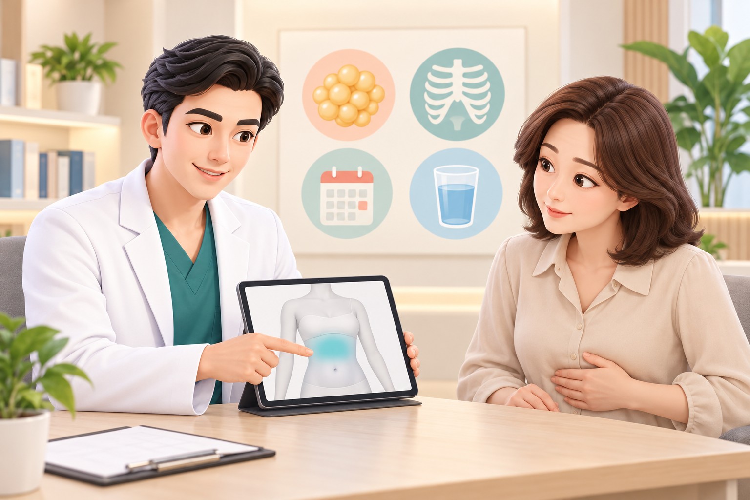 윗배가 남아 다시 상담을 받는 환자와 의사
