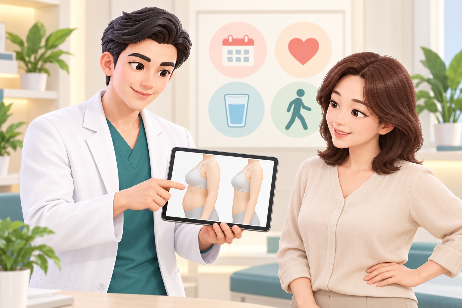 수술 후 경과를 함께 확인하는 의사와 환자