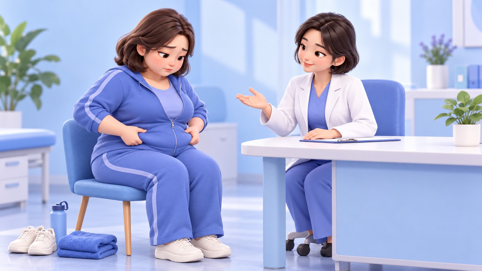 늘어진 복부로 고민하며 상담을 받는 모습