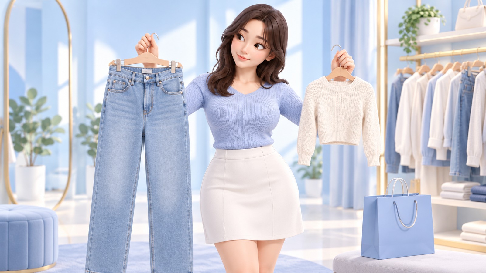상의는 작은 사이즈, 바지는 더 큰 사이즈를 대 보는 여성