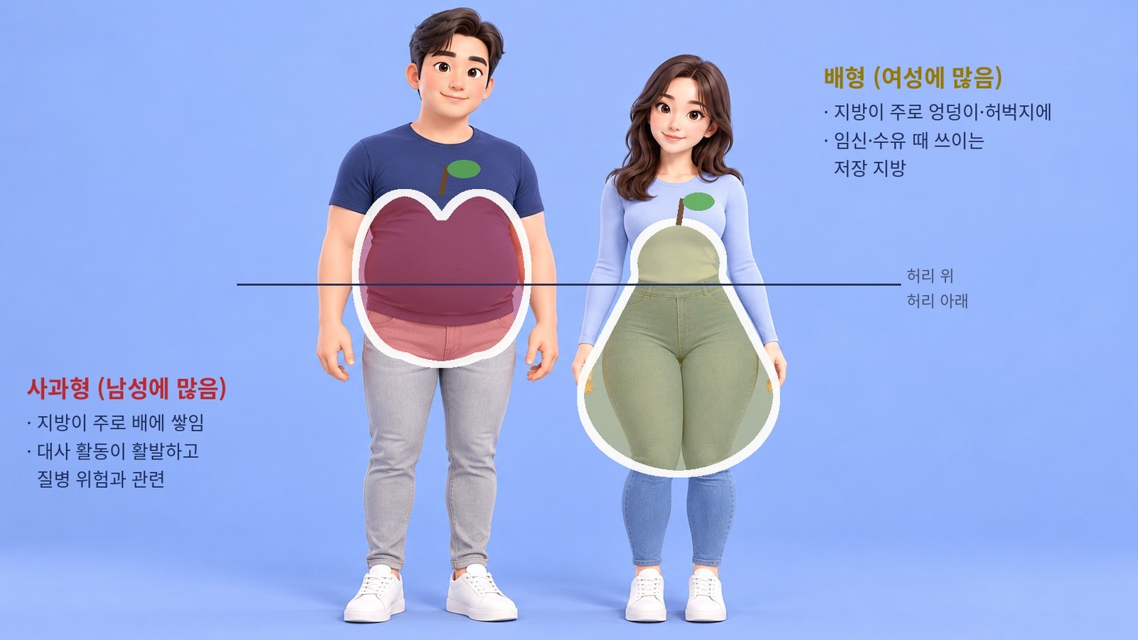 남성에 많은 사과형과 여성에 많은 배형 지방 분포 비교