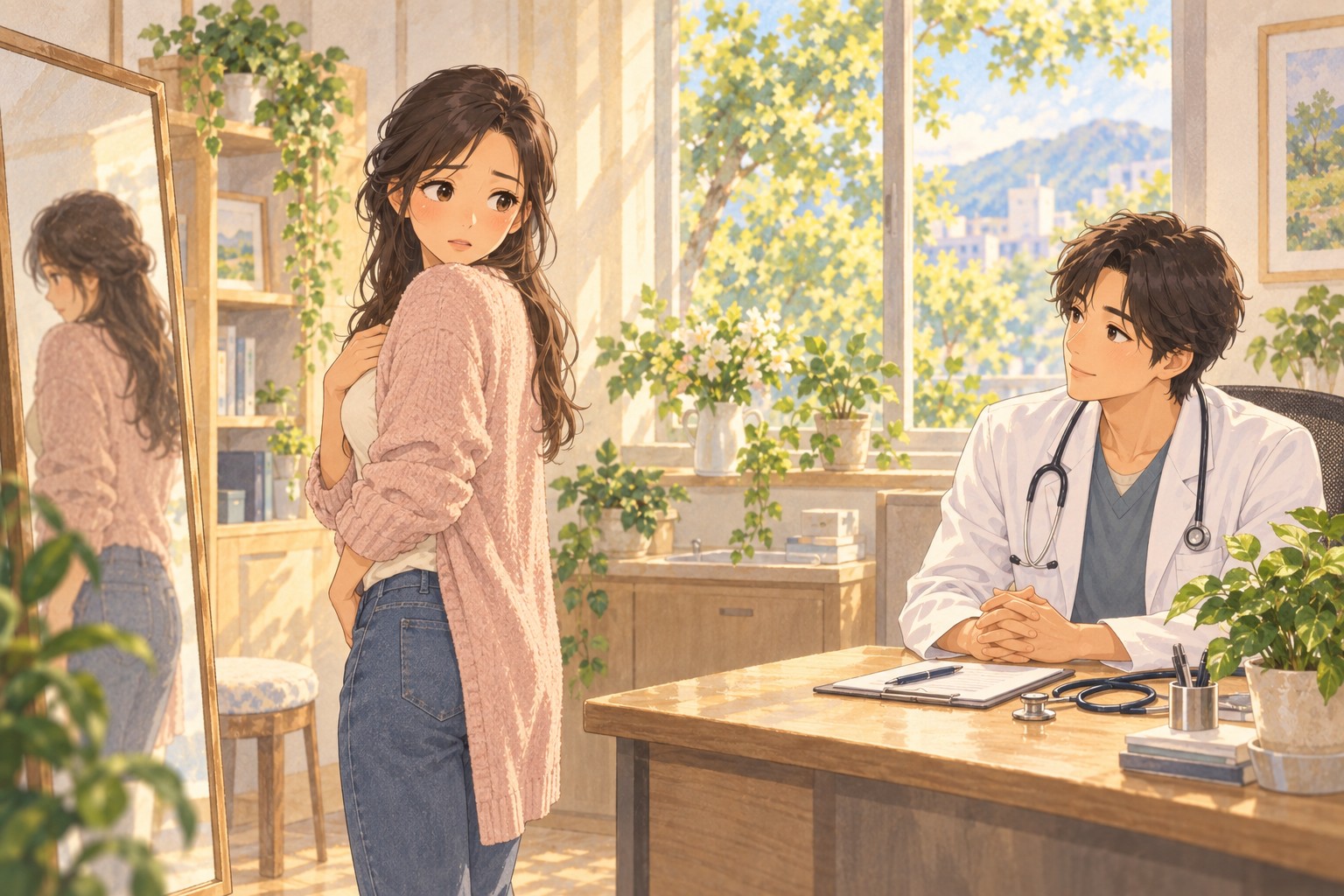 허벅지 지방흡입 후 엉덩이 아래 주름을 상담하는 장면