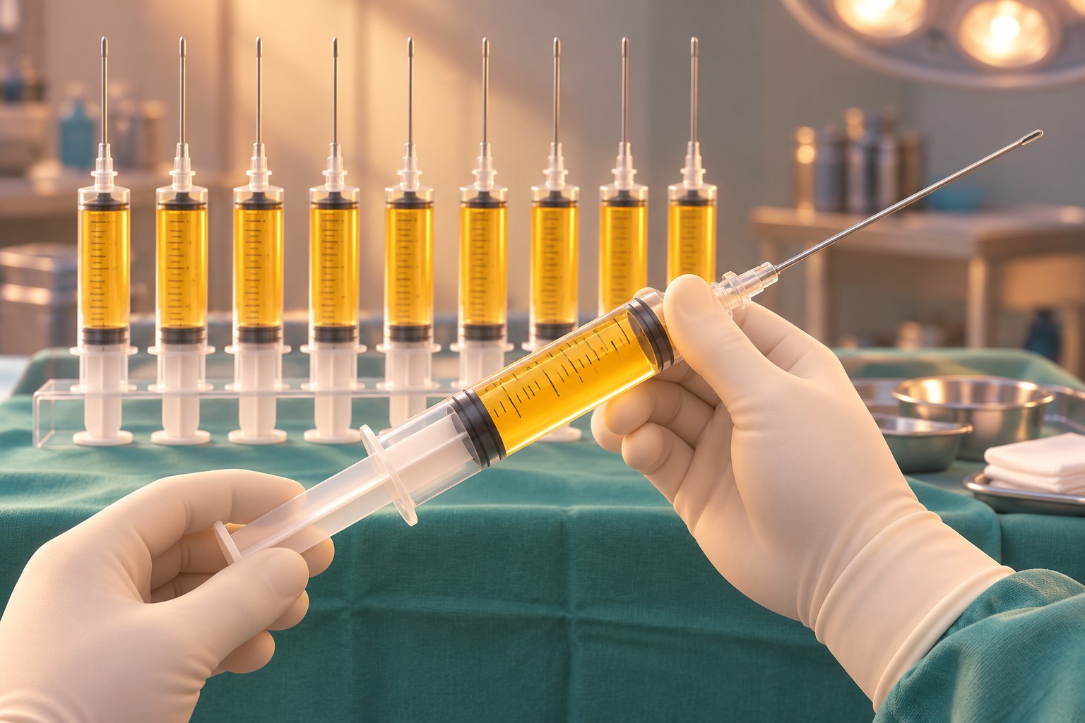 가는 캐뉼라를 끼운 60mL 주사기로 지방을 채취하는 모습과 채워진 주사기들