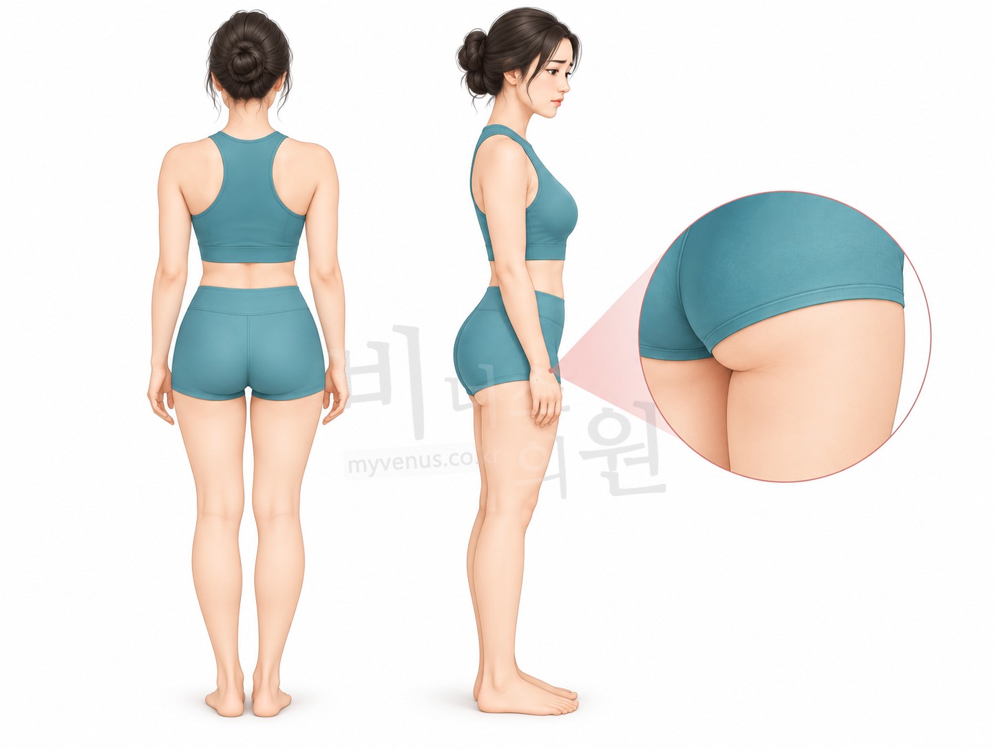 엉덩이 아래쪽과 허벅지 뒤쪽의 경계를 뒤와 옆에서 살펴보는 모습