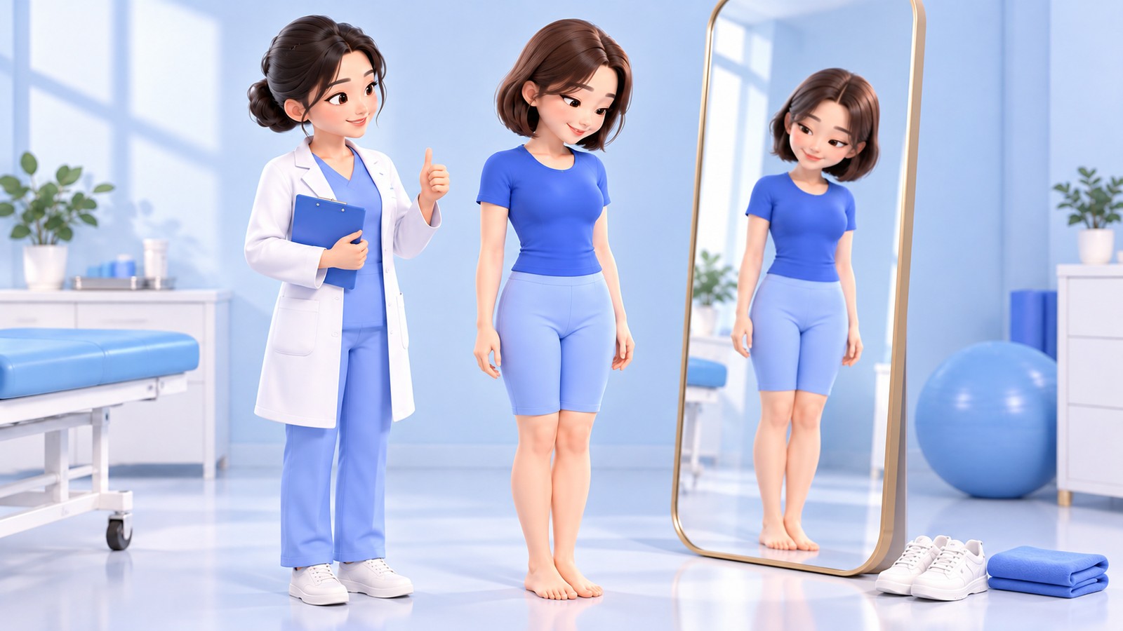 거울 앞에서 다리 라인을 확인하는 환자와 의사