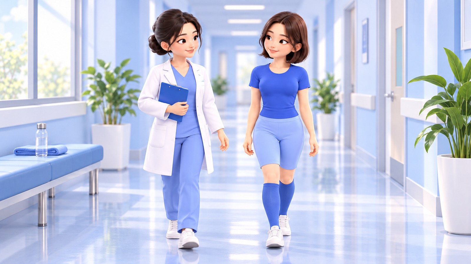 압박 보조대를 착용하고 복도를 걷는 회복기 환자와 의사