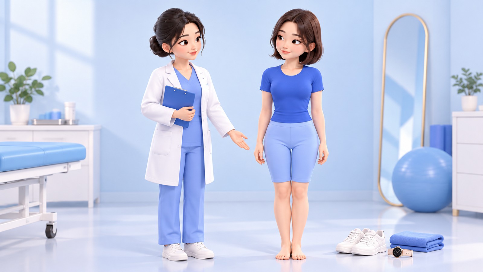 다리를 붙이고 선 환자의 다리 라인을 살펴보는 상담 장면