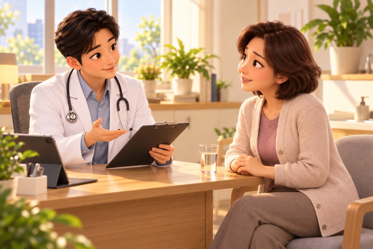 수술 후 경과를 설명하는 의사와 환자
