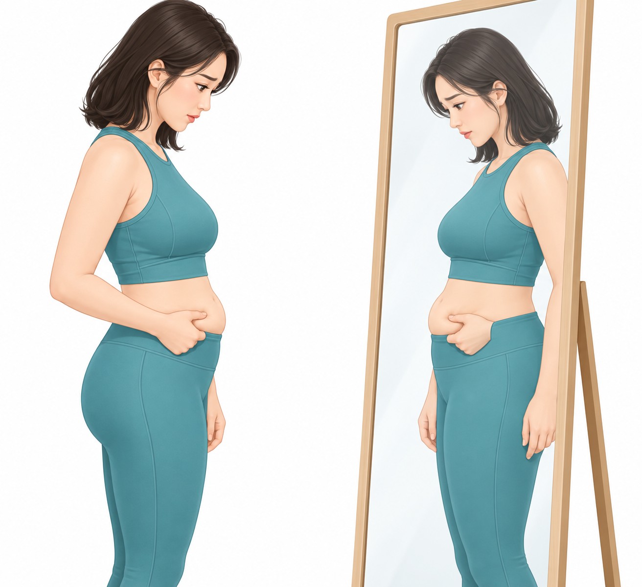 거울 앞에서 아랫배를 살펴보는 여성