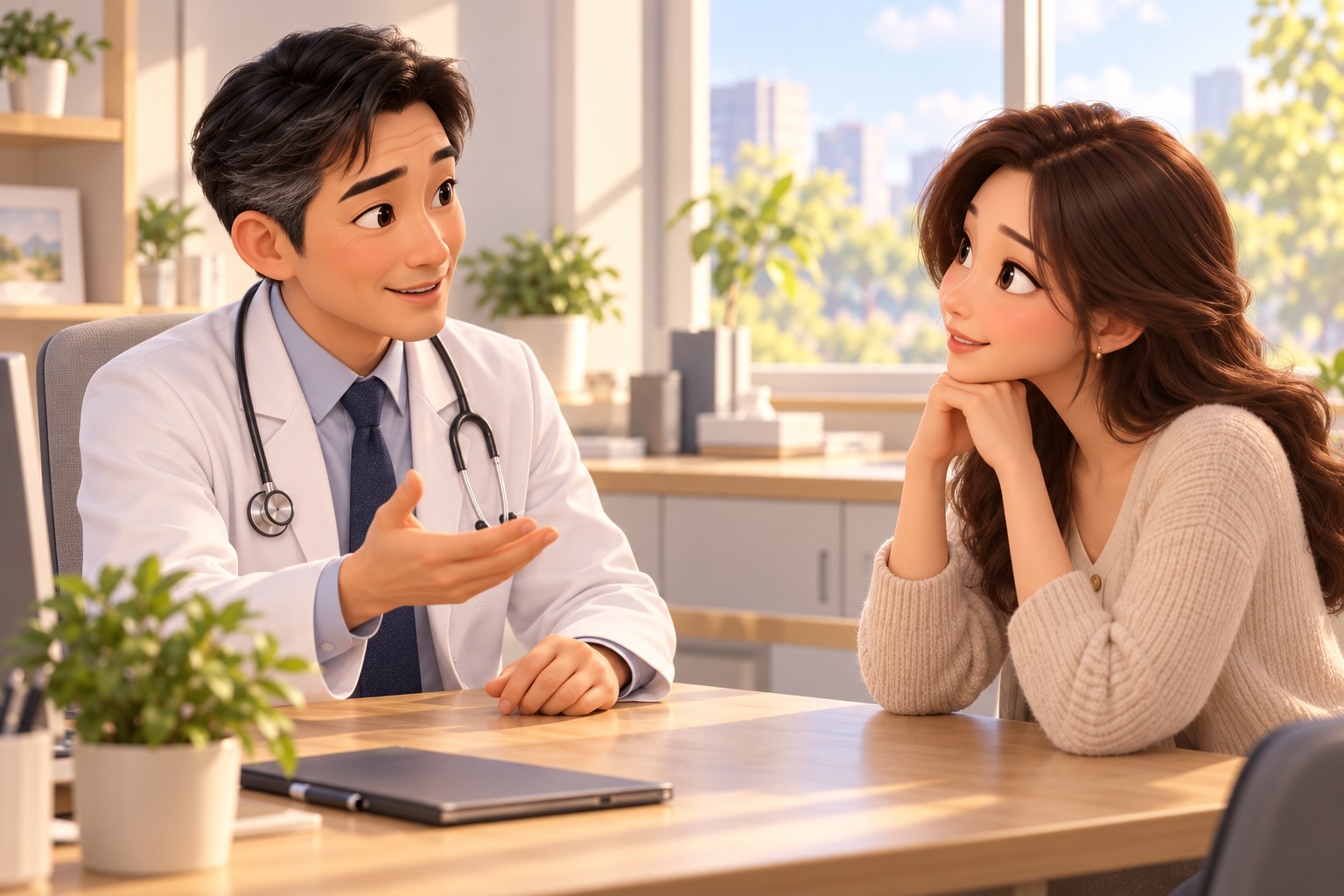 의사가 환자에게 재수술과 2차 지방흡입의 차이를 설명하는 상담 장면