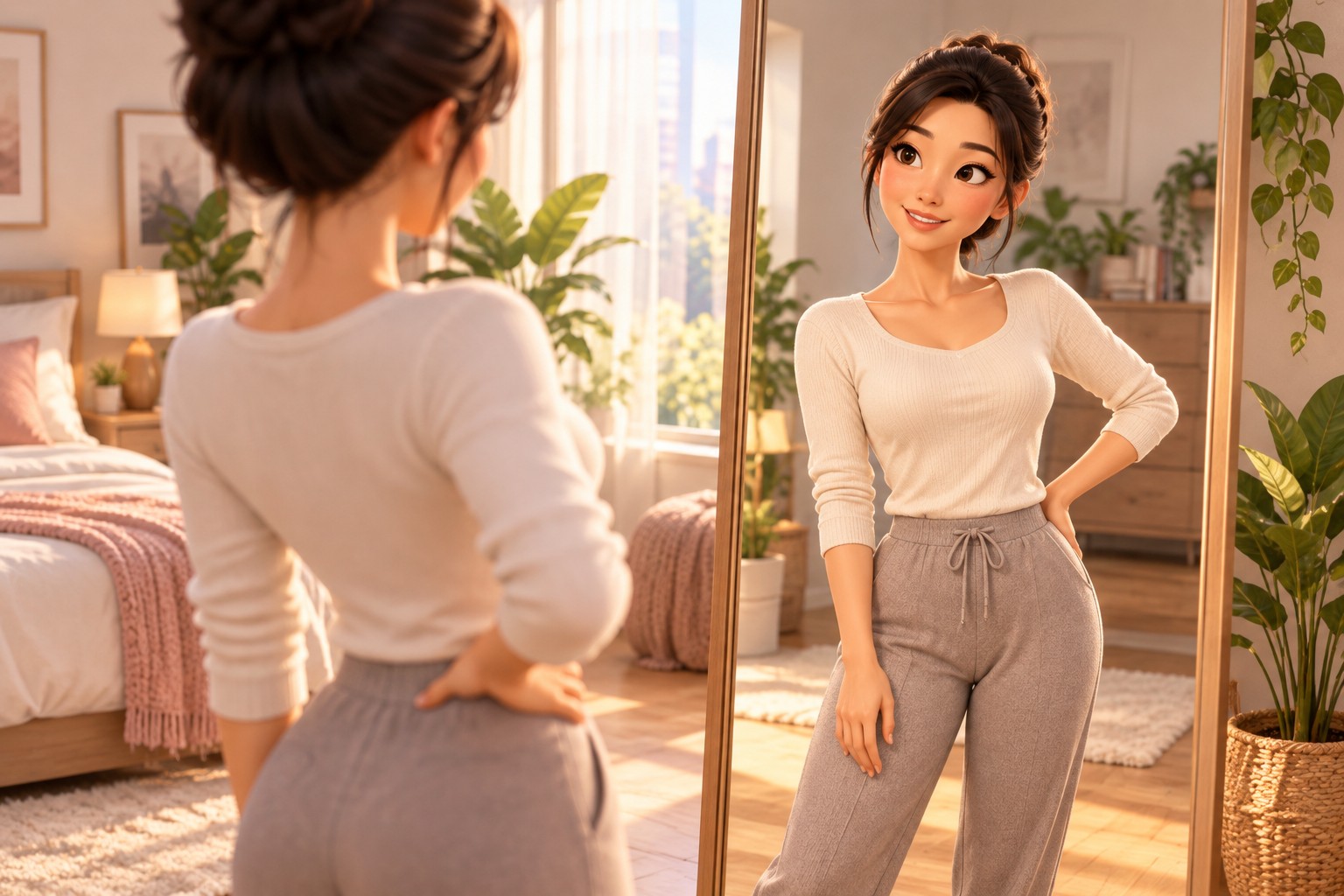 거울 앞에서 달라진 허리 라인을 바라보는 여성