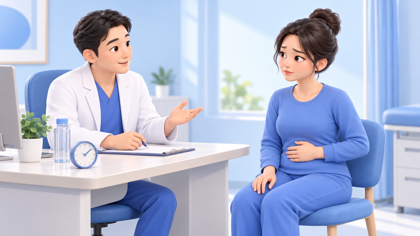 늘어진 복부 피부로 상담하는 장면