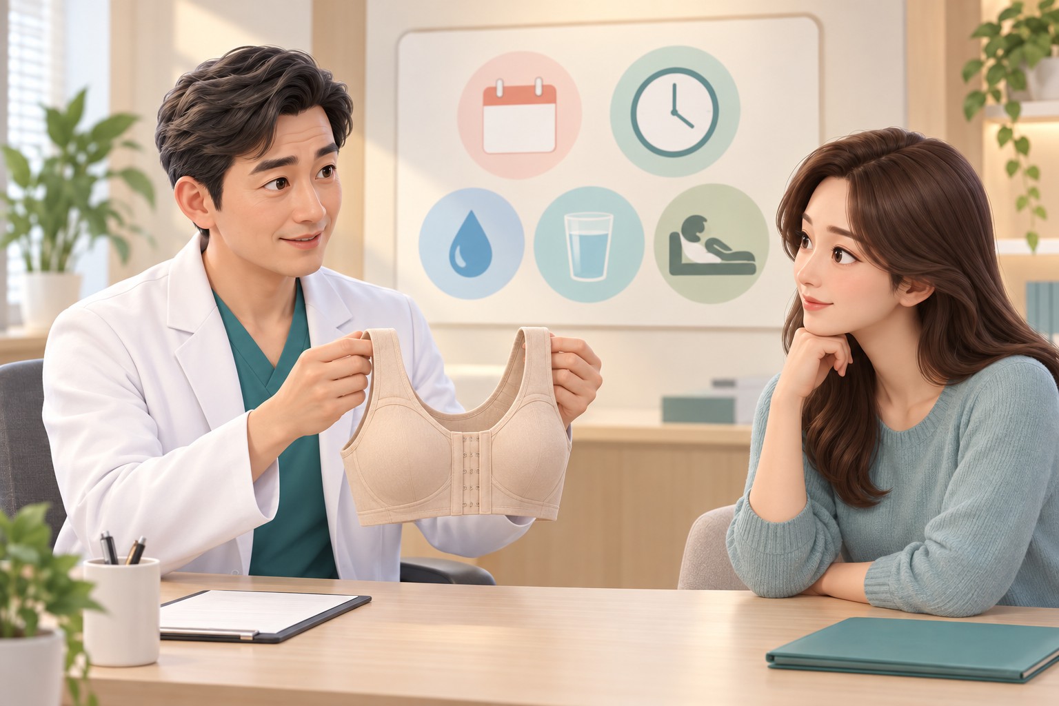 수술 후 압박 브래지어 착용을 안내하는 장면