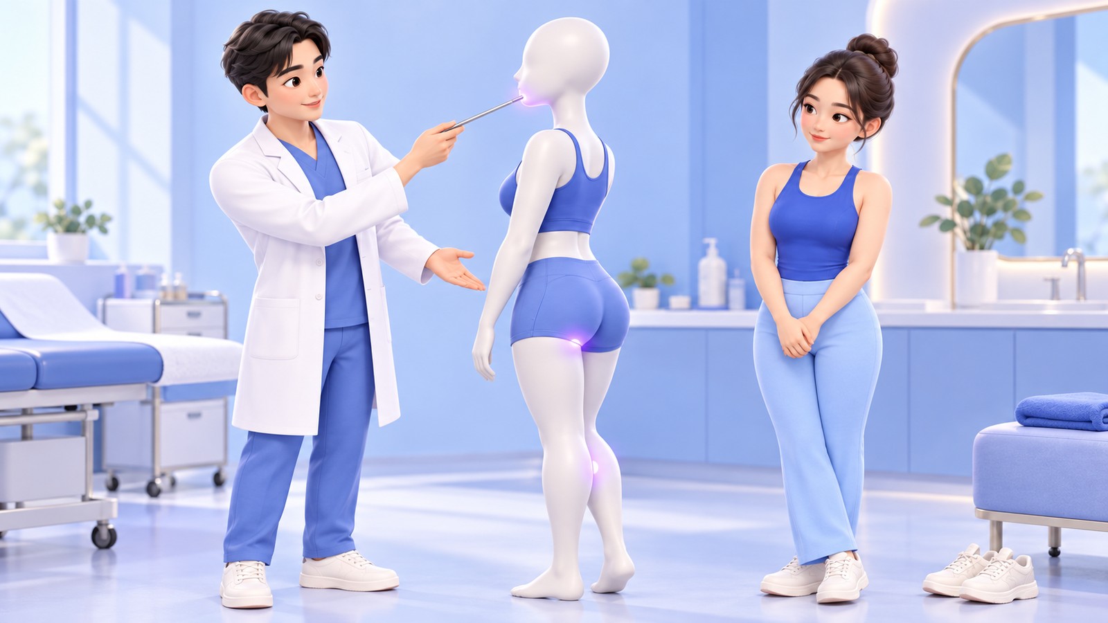 턱 아래·엉덩이 아래 굴곡·종아리처럼 미세한 굴곡 부위를 가는 캐눌라로 설명하는 장면