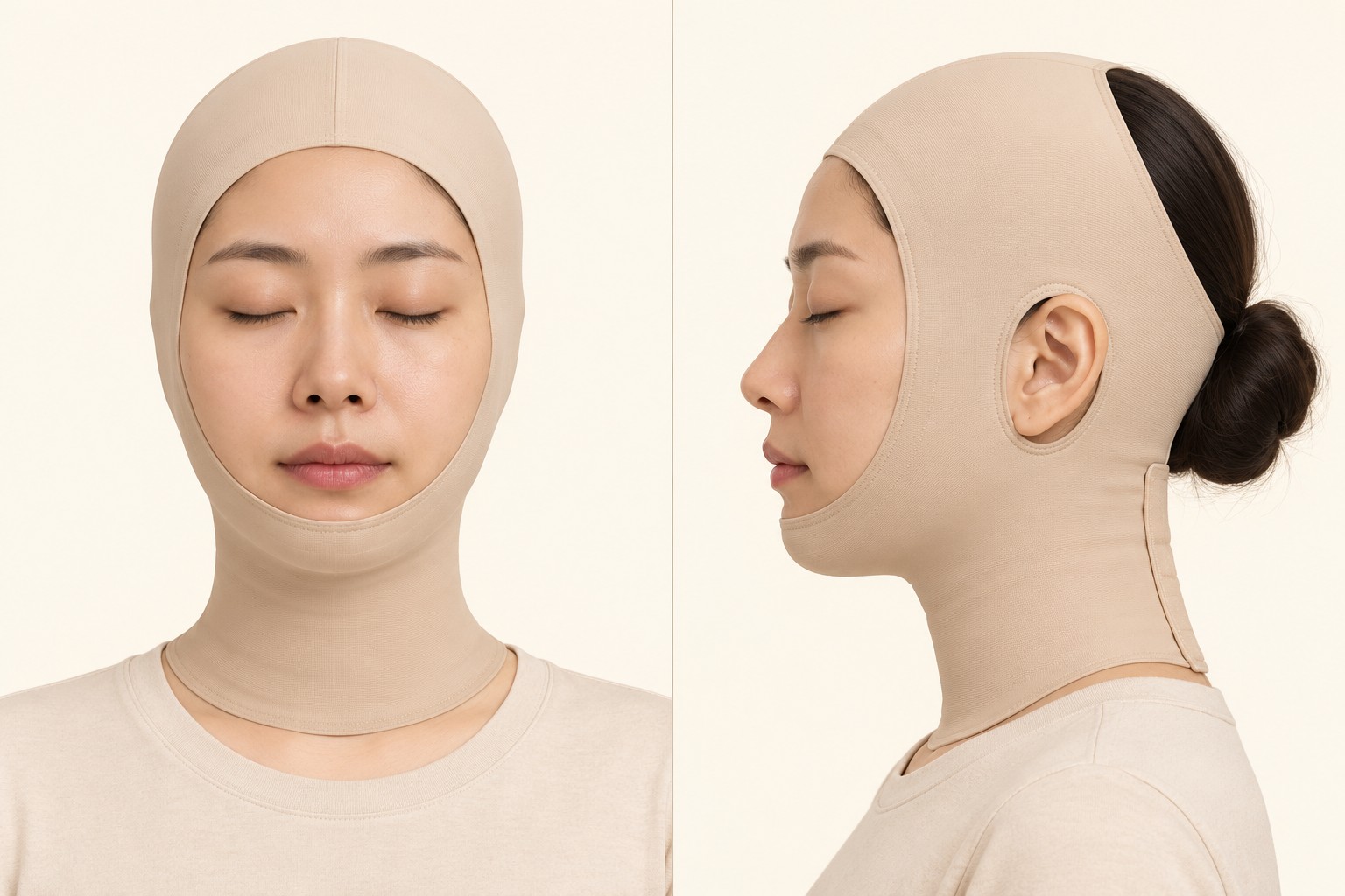 얼굴 턱 목 지방흡입 후 압박복 착용 모습 정면과 측면