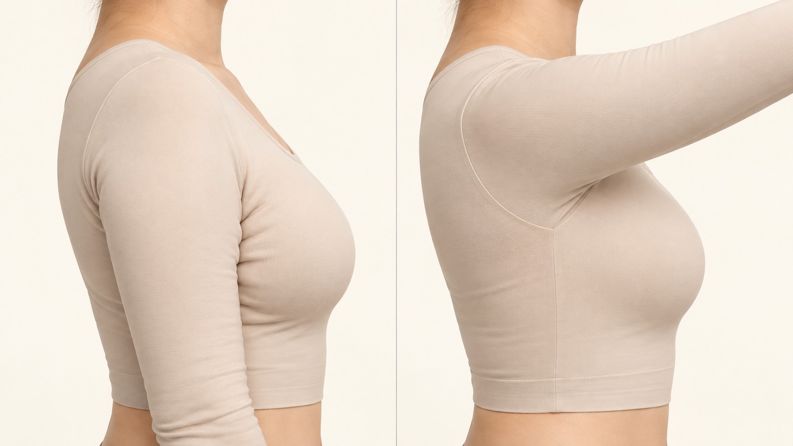 팔을 몸통에 붙인 자세와 겨드랑이를 띄운 자세 비교