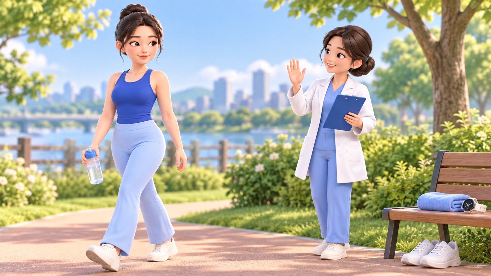 수술 후 회복 기간 산책과 가벼운 일상 활동 3D 일러스트