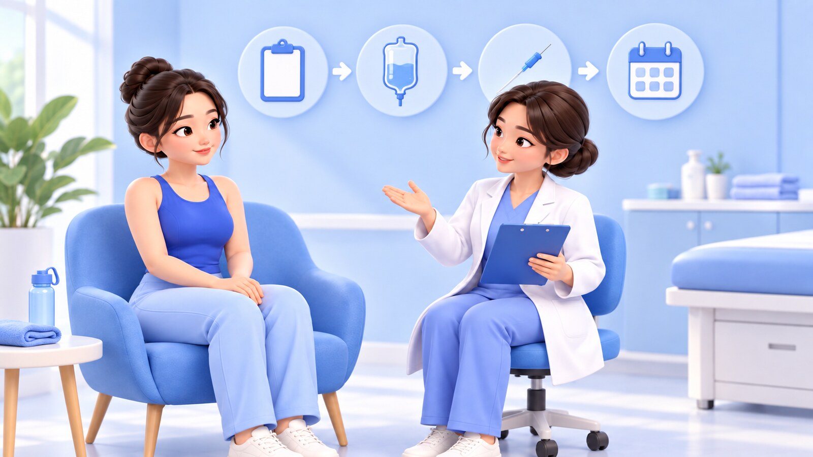 의료진이 유방하수 표층 지방흡입 수술 흐름을 설명하는 3D 일러스트