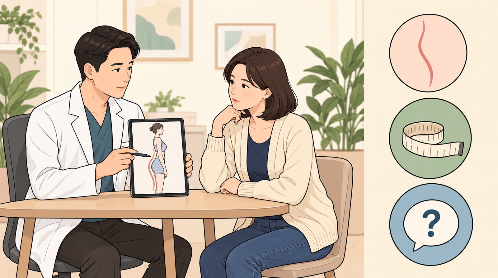 엉덩이에서 허벅지로 이어지는 라인을 태블릿으로 함께 보며 상담하는 장면