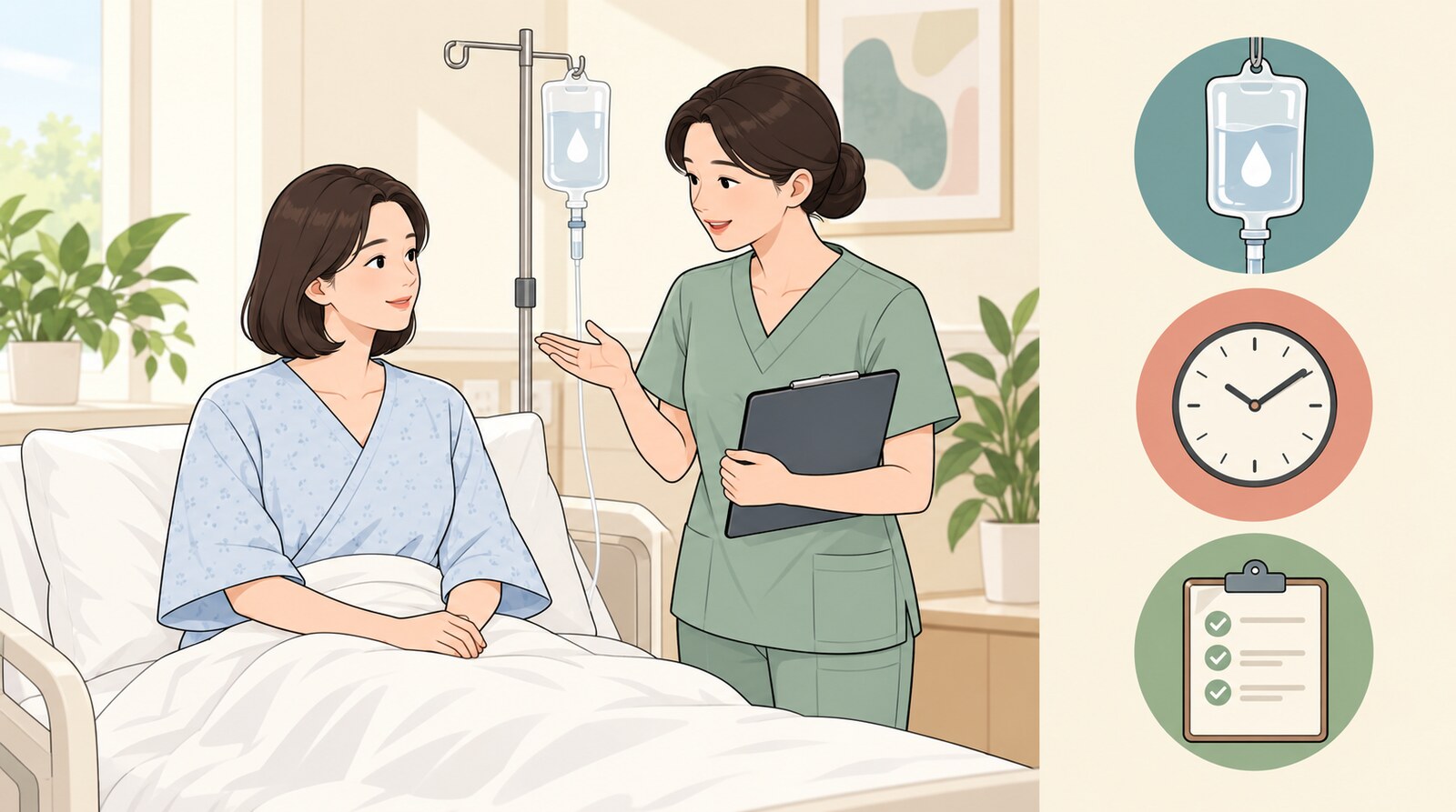 수술 당일 준비실에서 간호사가 순서를 안내하는 장면