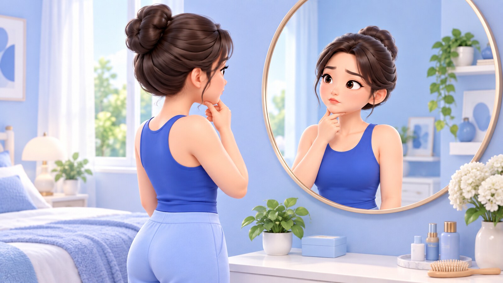 거울 앞에서 턱 아래를 만져 보며 턱선을 고민하는 여성 3D 일러스트