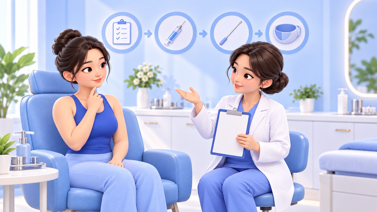 턱 지방흡입 당일 진행 4단계를 설명하는 의료진 3D 일러스트 — 수술 전 평가, 국소마취, 미세 캐뉼라 흡입, 압박과 회복