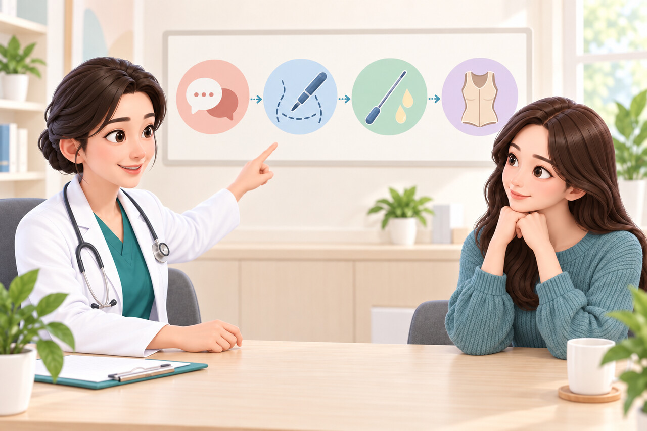 유방하수 표층 지방흡입 수술 과정 4단계 상담·디자인·표층 지방흡입·압박복을 아이콘으로 설명하는 진료실 일러스트