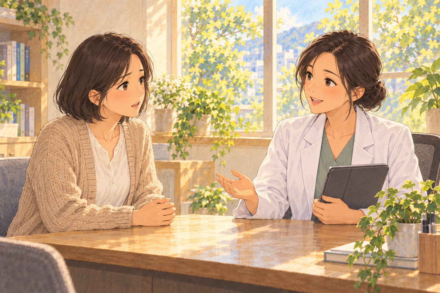 처진 가슴이 수술 뒤 어떻게 될지 걱정을 이야기하는 상담 장면 비너스의원