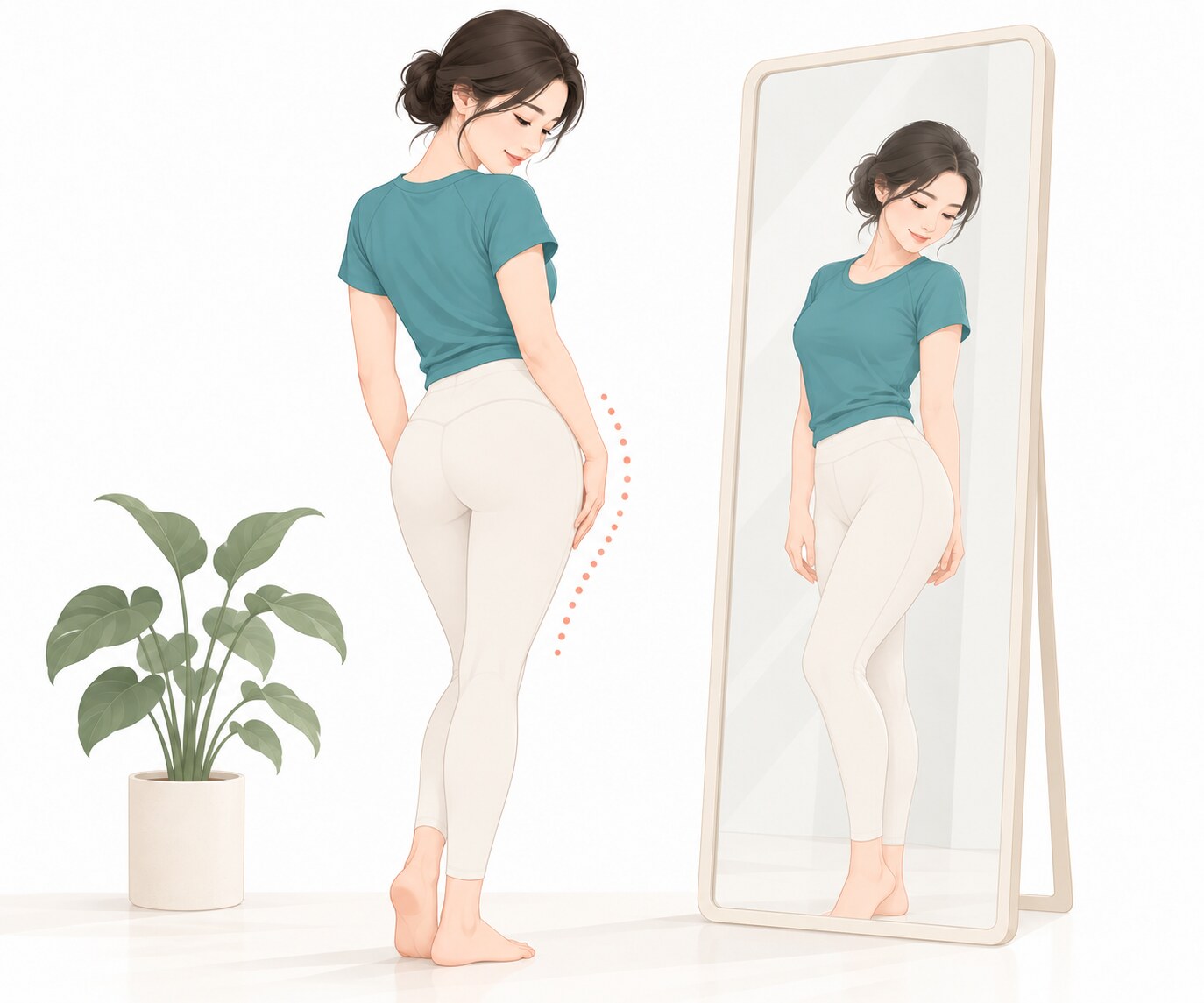 엉덩이축소 지방흡입 전 거울 앞에서 엉덩이와 허벅지 라인을 살펴보는 여성 벡터 일러스트