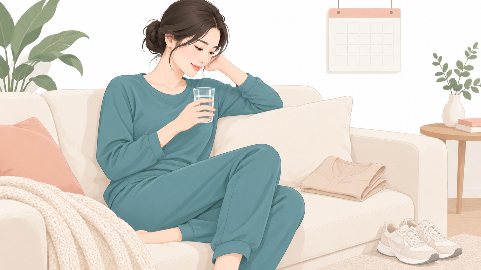 엉덩이 지방흡입 후 집에서 물을 마시며 압박복과 함께 회복 관리하는 여성 벡터 일러스트