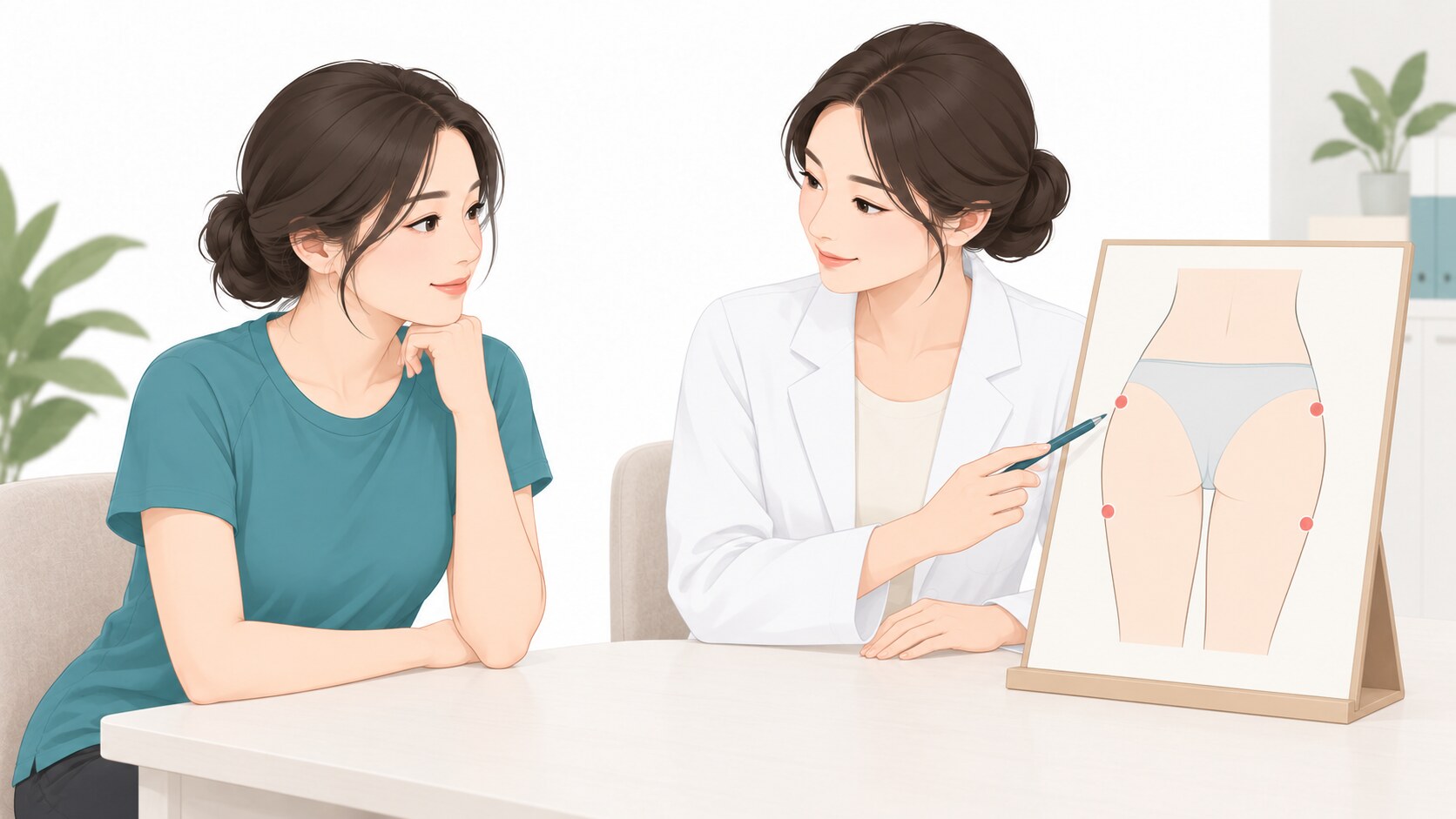 엉덩이축소 지방흡입 전 형태 분석을 위해 엉덩이와 허벅지 외곽선을 설명하는 상담 장면 벡터 일러스트