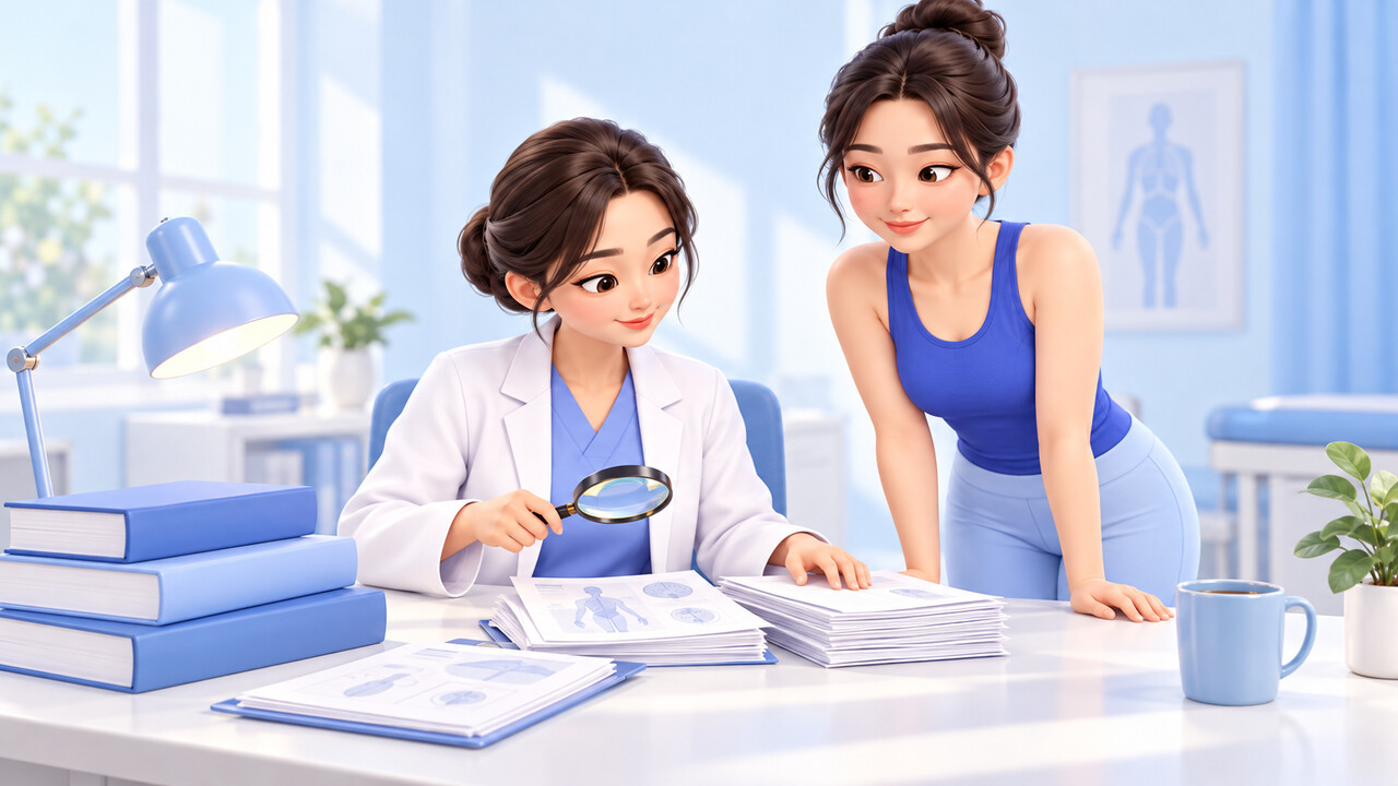 의사가 교과서와 논문을 종류별로 나누어 살펴보는 모습을 여성이 함께 지켜보는 장면 — 문헌의 종류와 숫자 읽기