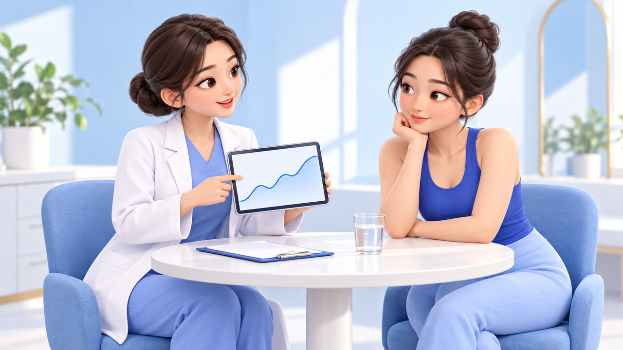 상담실에서 의사가 태블릿의 그래프를 보여 주며 여성에게 수치의 의미를 설명하는 장면 — 엉덩이축소 지방흡입 상담