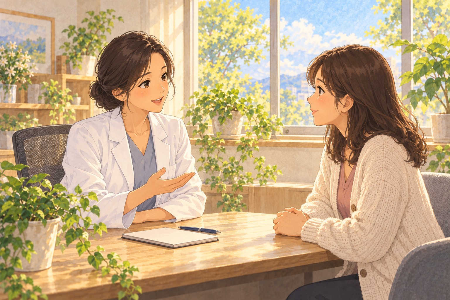 유방처짐 지방흡입 상담에서 의사에게 수술 순서를 설명 듣는 여성 비너스의원