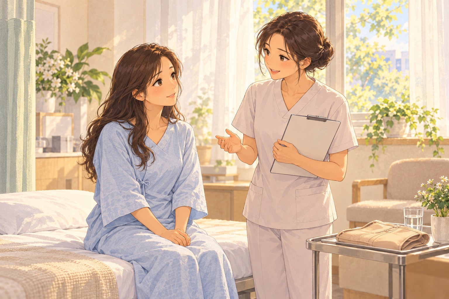 유방 지방흡입 수술 전 준비실에서 간호사의 안내를 받는 여성 비너스의원
