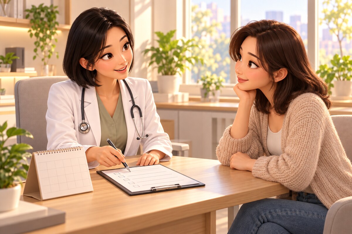 엉덩이축소 지방흡입 수술 전 상담 — 의사가 체크리스트와 달력으로 수술 범위와 일정을 함께 확인하는 장면