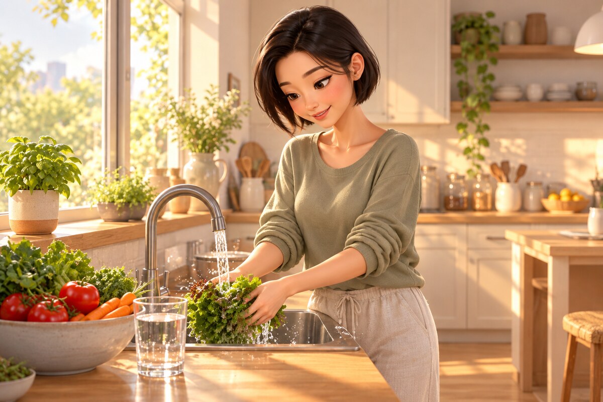 회복 기간 집에서 채소를 손질하며 일상으로 돌아가는 여성