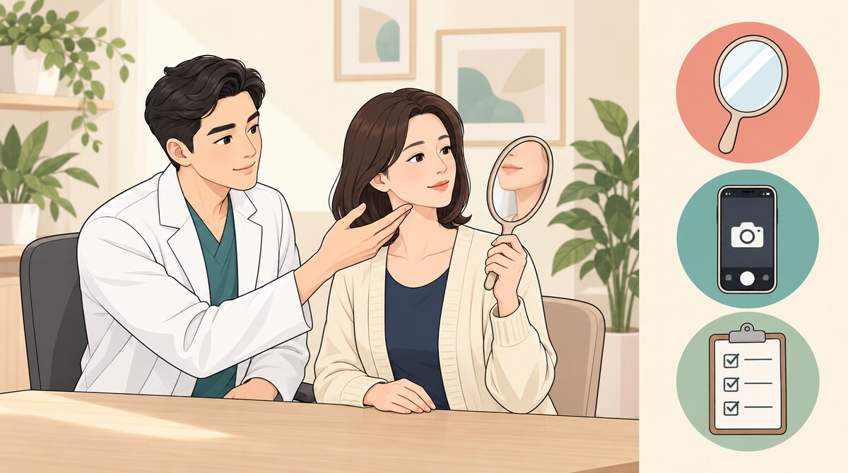 턱지방흡입 상담에서 손거울로 턱 아래 선을 함께 확인하는 의사와 여성