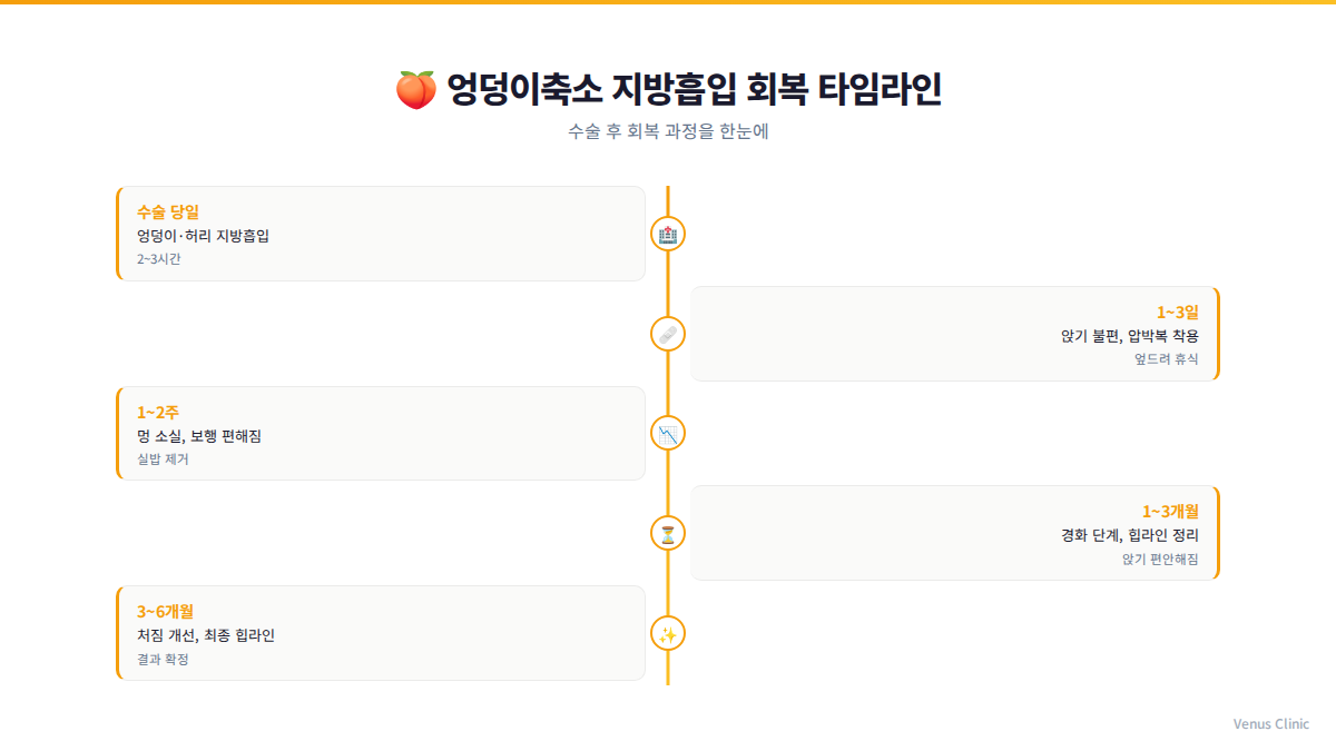 엉덩이 지방흡입 회복 타임라인 인포그래픽 수술당일~6개월 비너스의원