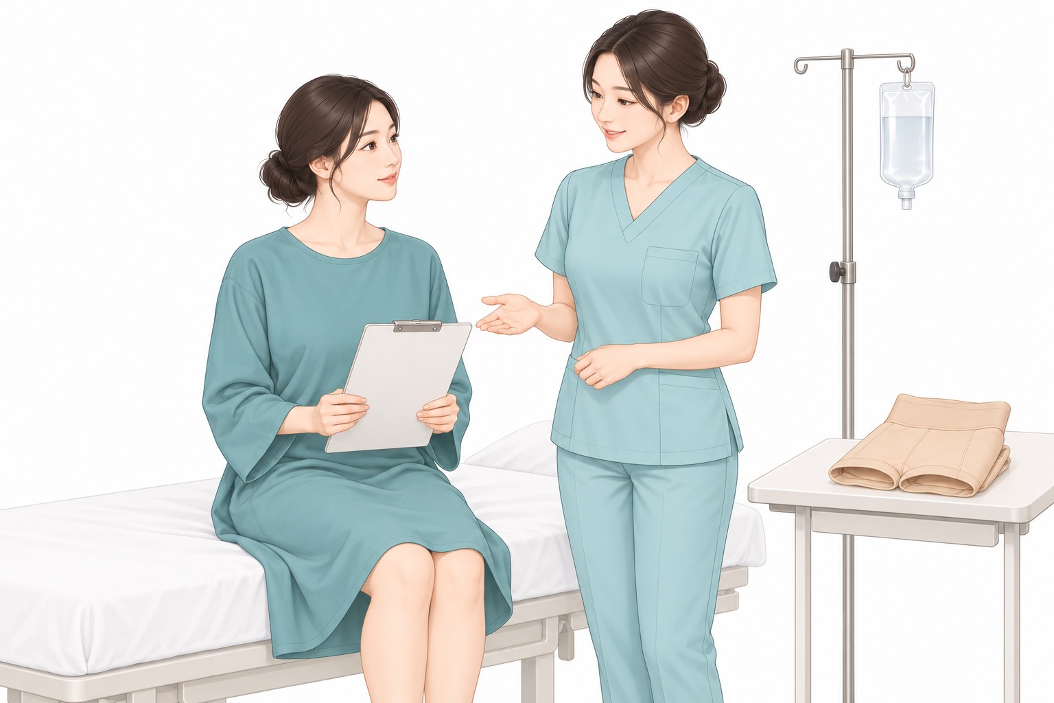 수술 전 간호사에게 진행 과정을 안내받는 여성 일러스트 - 문진표, 수액팩, 접힌 압박복으로 표현한 수술 준비 단계