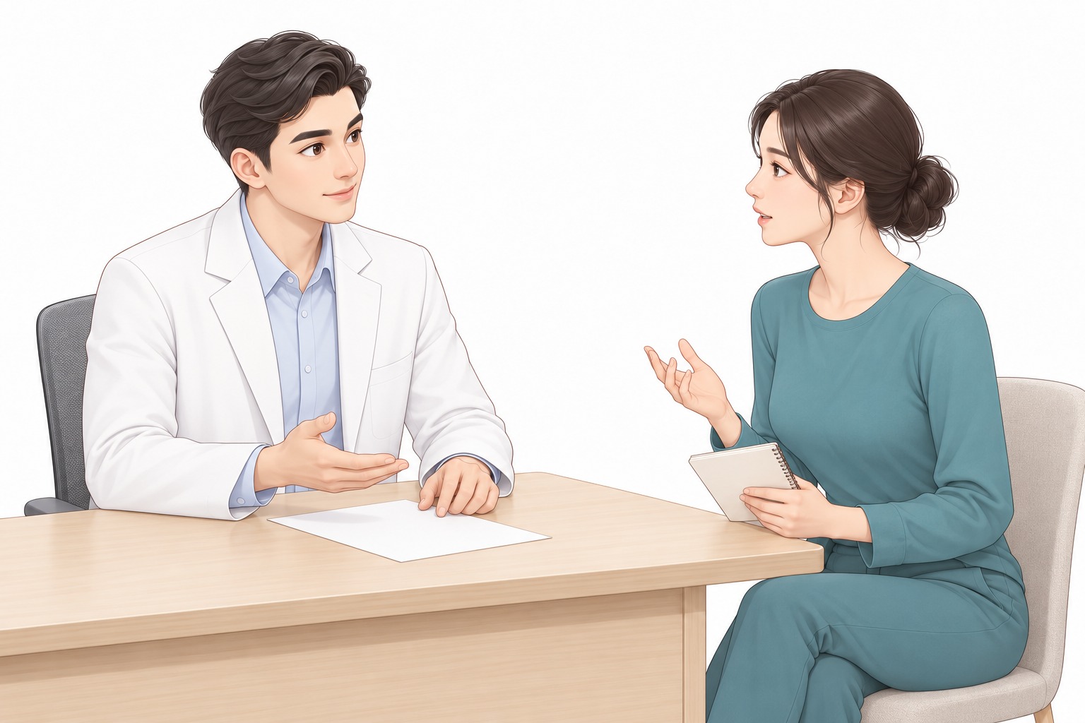 의료진과 상담하며 개인별 수술 계획과 범위를 질문하는 여성 일러스트