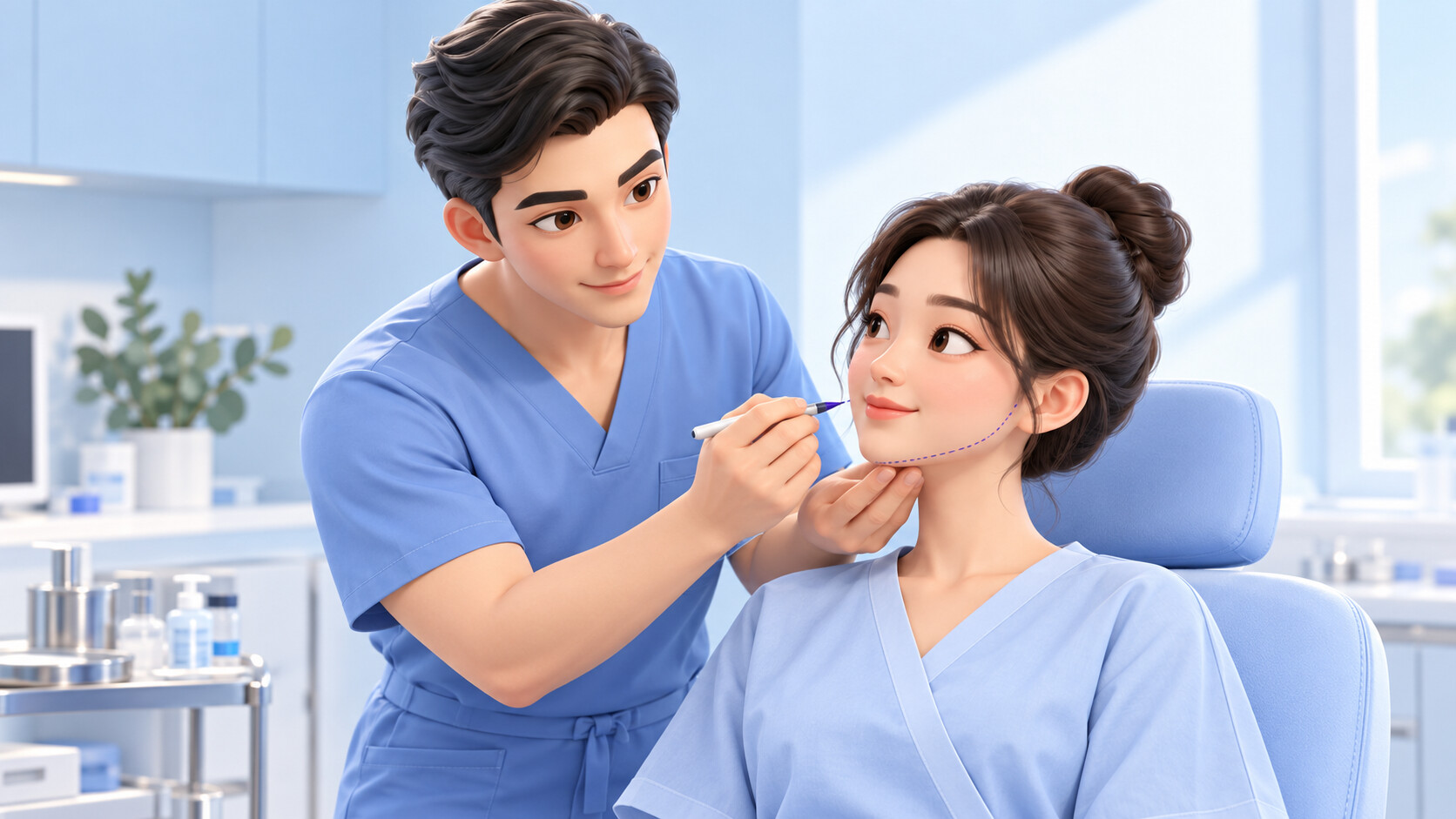 수술 전 턱선을 따라 마킹펜으로 디자인 선을 그리는 원장님