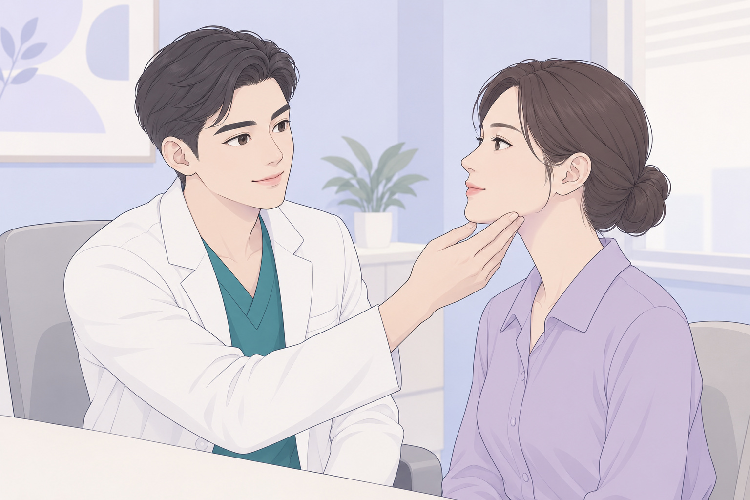 상담실에서 가운을 입은 김학준 원장님이 여성의 턱 밑 피부를 손끝으로 가볍게 짚어 확인하는 상담 장면 일러스트