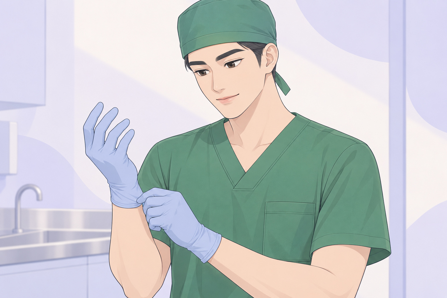 수술복과 수술모자를 착용한 김학준 원장님이 장갑을 확인하며 차분히 준비하는 장면 일러스트