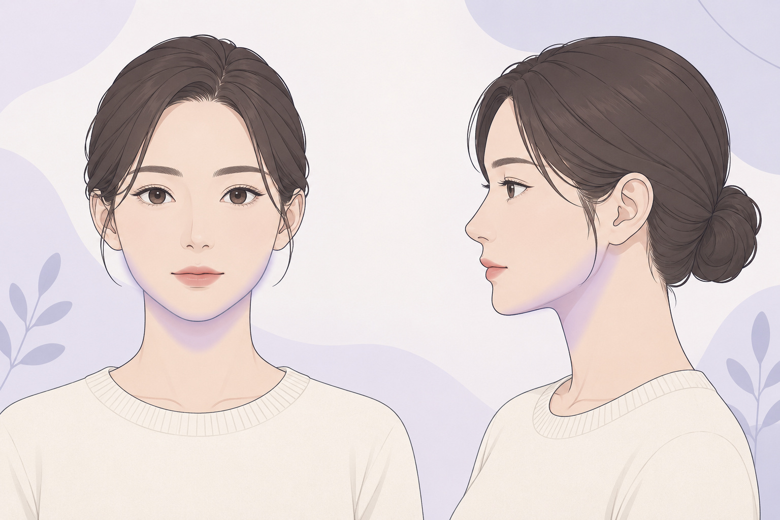 정면과 측면에서 본 같은 성인 여성의 하관 — 턱선·볼 아래·턱 밑·목 앞쪽 위치를 옅은 라벤더색으로 표시한 일러스트