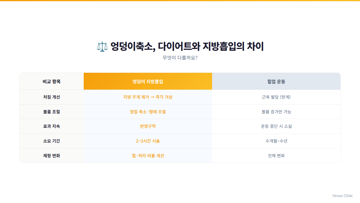 엉덩이축소 다이어트와 지방흡입 비교 인포그래픽