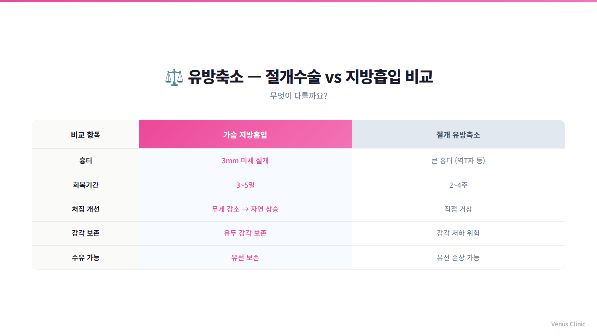 유방축소 방법 비교 절개수술 지방흡입 인포그래픽 비너스의원