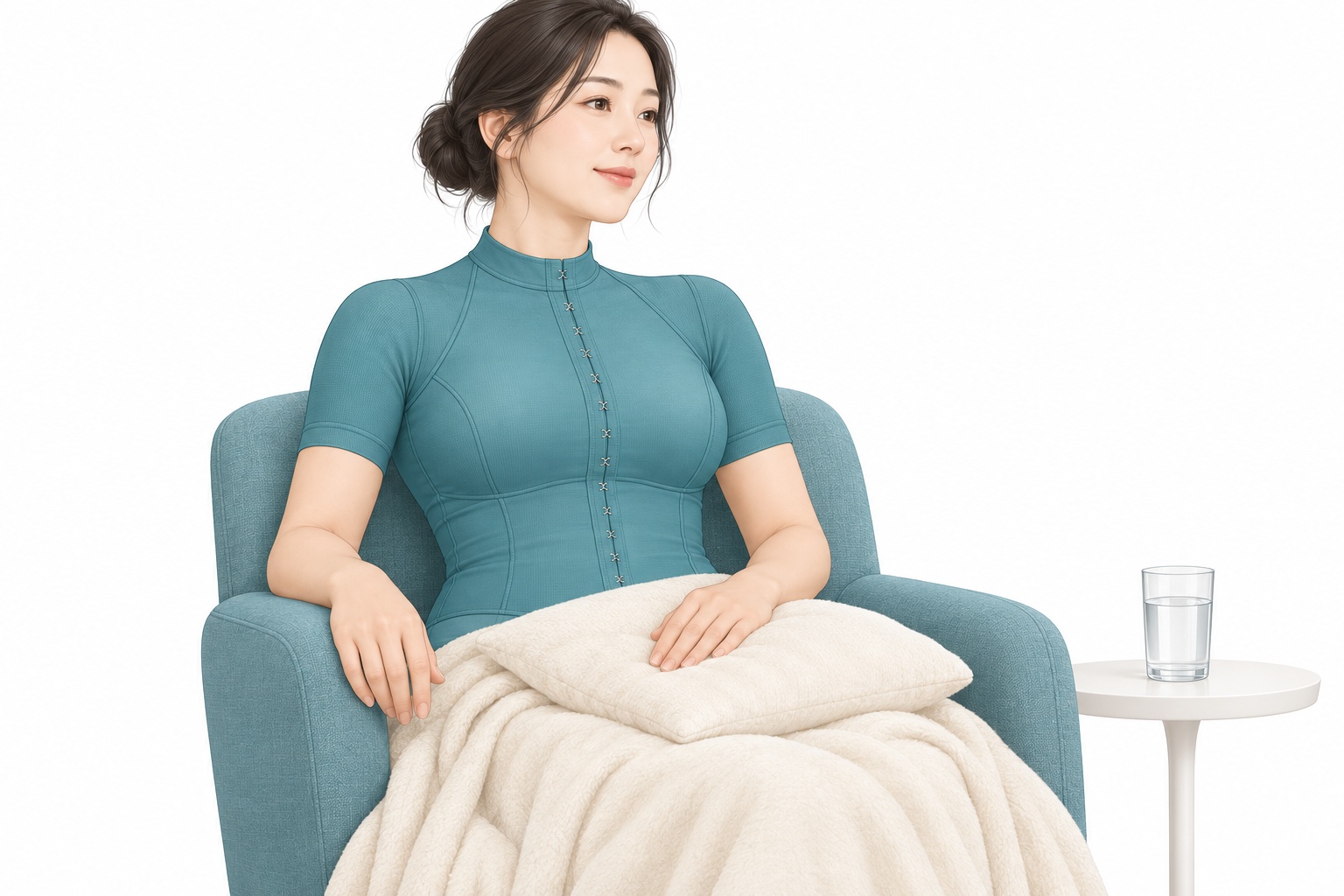 유방용 앞여밈 압박복을 입고 쿠션과 물을 곁에 두고 쉬는 여성